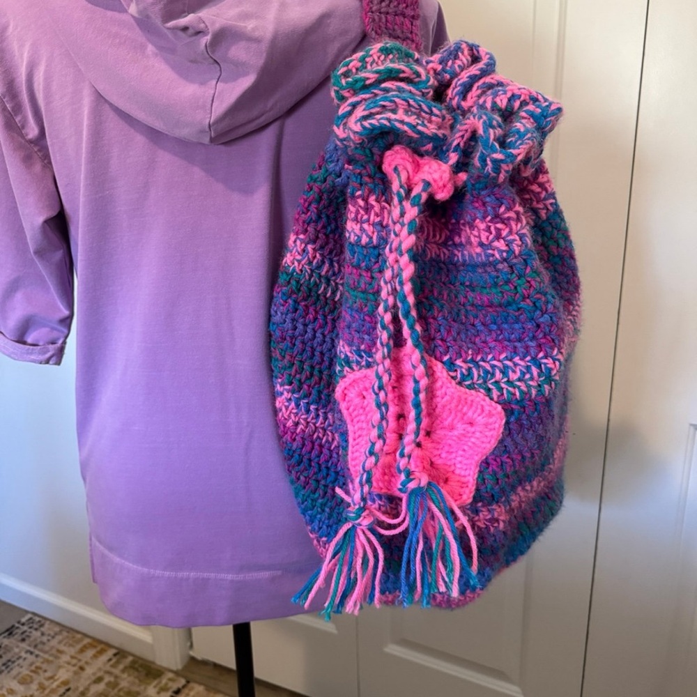 Pink and Blue Striped Backpack with Chunky Yarn Texture